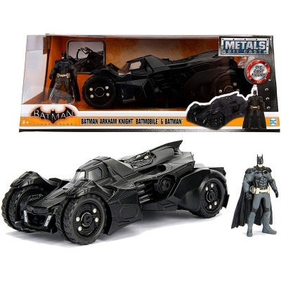 Conjunto brinquedo Batmóvel preto e figura Batman Arkham Knight na embalagem