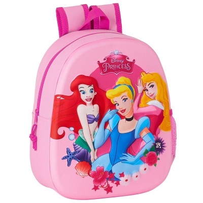 Mochila infantil rosa com personagens Disney Princess e detalhes coloridos