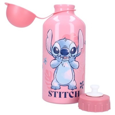 Garrafa de alumínio rosa com personagem Stitch e tampa