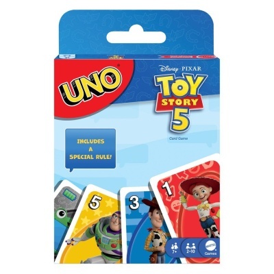 Embalagem do jogo de cartas UNO edição Toy Story 5 com personagens da Disney Pixar