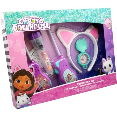 Conjunto de brinquedos Gabby's Dollhouse com walkie-talkies, auriculares de gato e bússola em embalagem colorida.