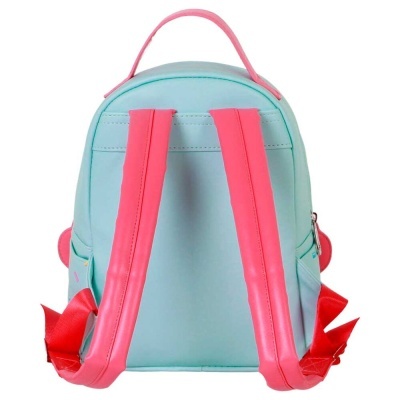 Mochila azul claro com alças rosas vista de trás