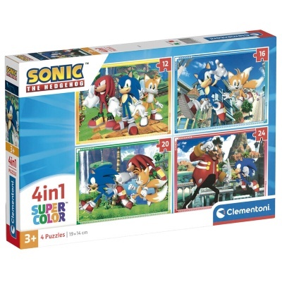 Caixa de puzzle Clementoni Sonic The Hedgehog 4 em 1 com 4 puzzles coloridos e personagens à frente.