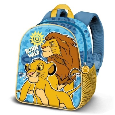 Mochila infantil azul e amarela com Simba e Mufasa do Rei Leão e texto BORN WILD