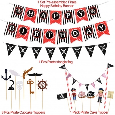 Conjunto de decoração de festa pirata com faixas, bandeiras triangulares, toppers para cupcakes e bolo