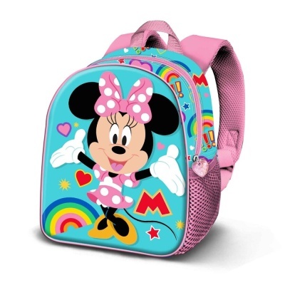 Mochila infantil Minnie Mouse azul e rosa com arco-íris e corações