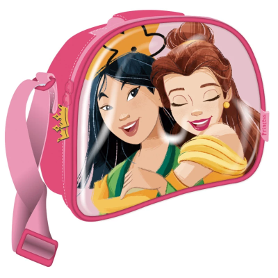 Bolsa infantil rosa com imagem das princesas Mulan e Bela