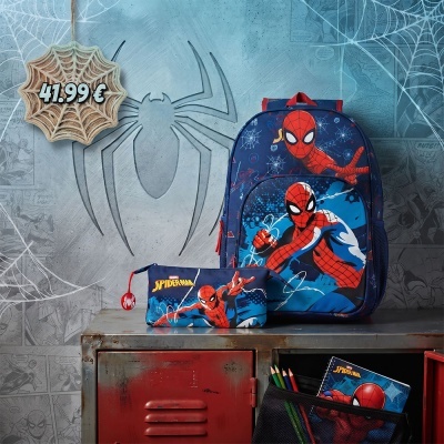 Conjunto escolar Spider-Man com mochila azul, estojo e caderno