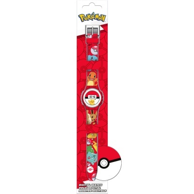Relógio digital infantil Pokémon com bracelete vermelha e personagens Bulbasaur, Charmander, Squirtle e Pikachu