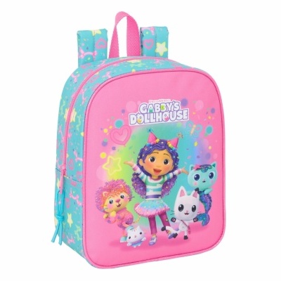 Mochila infantil rosa com personagens animados coloridos e texto GABBY'S DOLLHOUSE