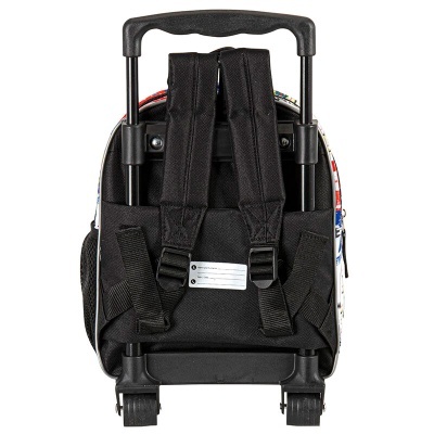 Mochila de rodinhas preta com alças acolchoadas e etiqueta de identificação