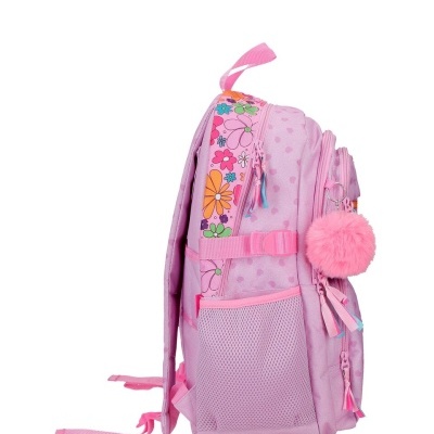 Mochila rosa com padrão floral e pompom cor-de-rosa
