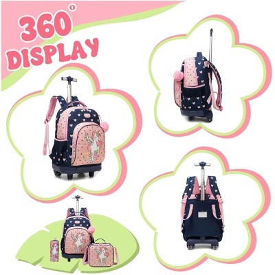 Mochila escolar rosa e azul escuro com estampa de corações e unicórnio, estojo e garrafa combinando