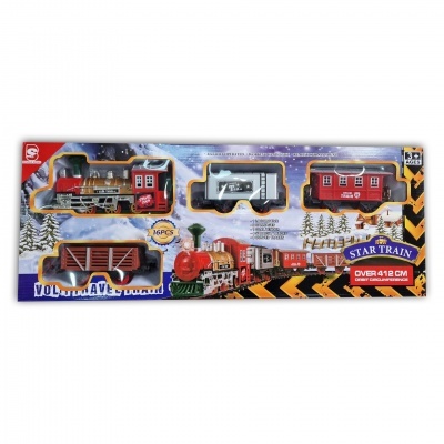 Conjunto de comboio de brinquedo vermelho e preto em caixa com ilustrações de inverno