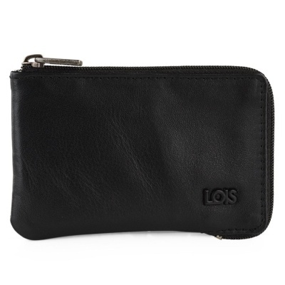 Carteira preta de couro com fecho e logo Lois