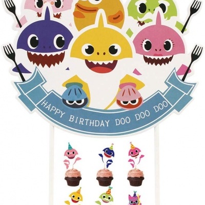 Decoração para bolos Baby Shark com topo e mini toppers coloridos