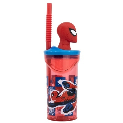 Copo vermelho de plástico com figura do Homem-Aranha e canudo com tampa da cabeça do Homem-Aranha