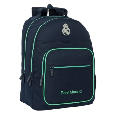 Mochila azul escura com detalhes verdes e logótipo Real Madrid
