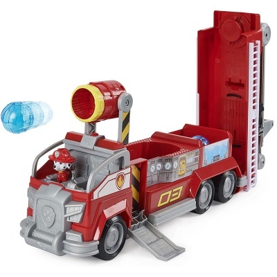 Brinquedo de carrinha de bombeiros vermelho e cinza com boneco e lançador de objeto azul