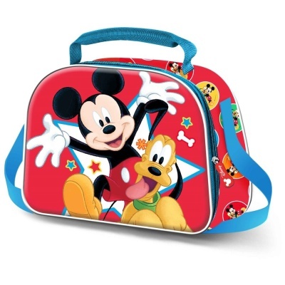 Bolsa vermelha com estampa do Mickey e Pluto e alças azuis