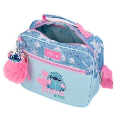 Bolsa azul com desenho Stitch e pompom rosa