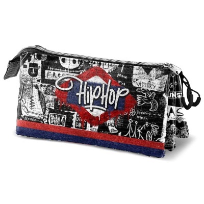 Estojo escolar retangular com fecho e argola preta, estampado urbano com a palavra HipHop