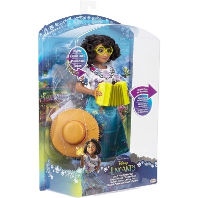 Boneca Disney Encanto Mirabel com vestido azul e chapéu amarelo em embalagem