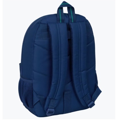 Mochila azul escura vista por trás com alças acolchoadas e pega superior com riscas