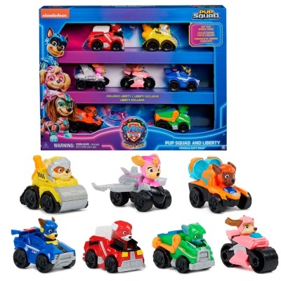 Conjunto de brinquedos Paw Patrol com 8 veículos coloridos em caixa azul e roxa