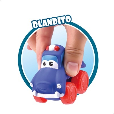 Carrinho azul de brinquedo macio com rodas vermelhas e olhos grandes