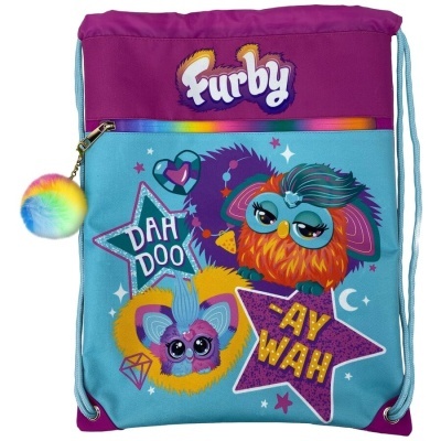 Mochila saco azul e roxa com estampagem dos personagens Furby e texto colorido