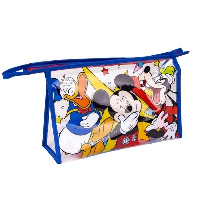 Bolsa azul com fecho vermelho e imagem dos personagens Disney Pato Donald, Mickey Mouse e Pateta