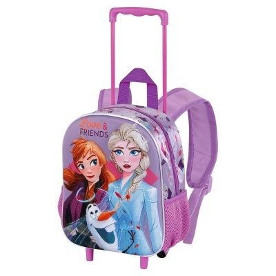 Mochila com carrinho retrátil lilás e rosa com personagens Frozen Elsa, Anna e Olaf