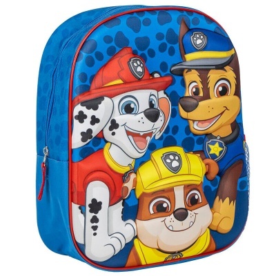 Mochila azul com personagens da Patrulha Pata na frente