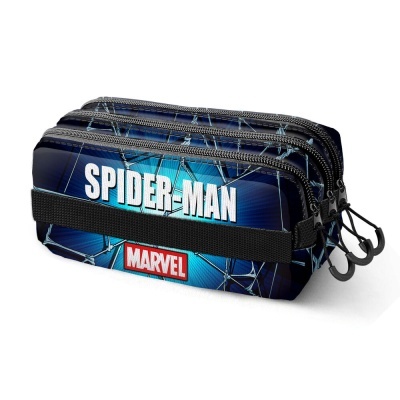 Estojo escolar azul com fechos de zíper e texto Spider-Man e Marvel