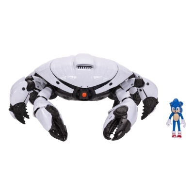Figura robô caranguejo branca e preta com figura azul do Sonic