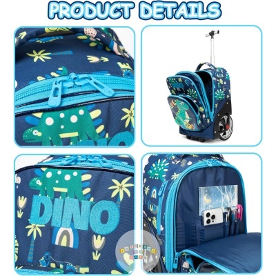 Mochila com carrinho em padrão dinossauro colorido com texto DINO