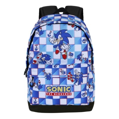 Mochila azul com estampa do Sonic The Hedgehog e padrão quadriculado
