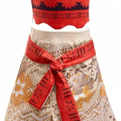 Vestido cultural vermelho, bege e castanho com franjas inspirado em Moana