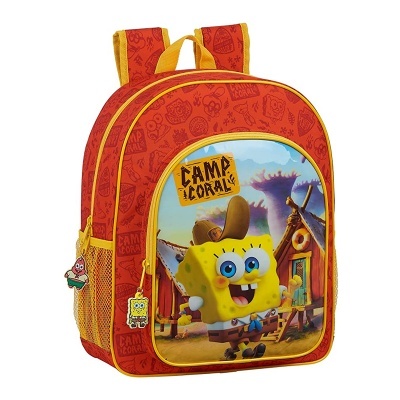 Mochila vermelha temática Bob Esponja com bolso frontal estampado e alças amarelas