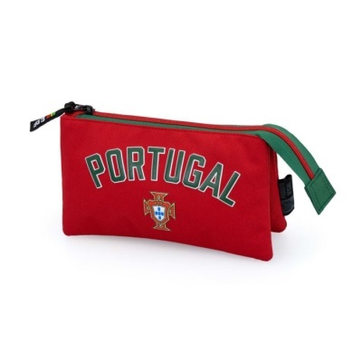 Estojo de tecido vermelho com texto PORTUGAL e brasão de armas de Portugal