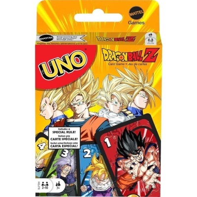 Pacote do jogo de cartas UNO Dragon Ball Z com personagens animados e cores amarelo-laranja