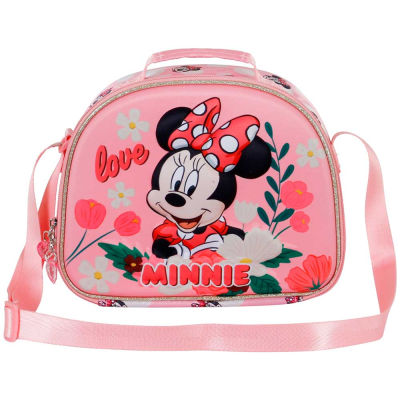 Mala rosa infantil com estampa Minnie Mouse e flores.