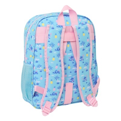Mochila infantil azul com padrão de personagens, abacaxis e palmeiras e alças rosa