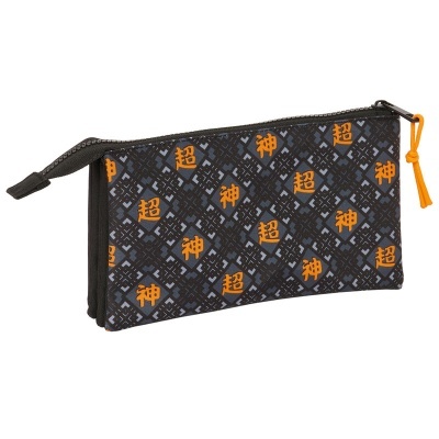 Estojo escolar preto com padrão geométrico e caracteres asiáticos laranja