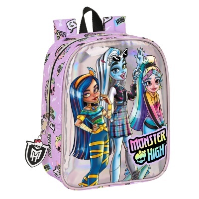 Mochila infantil Monster High lilás com personagens e texto