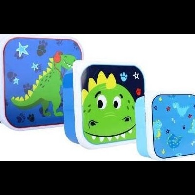 Três caixas decorativas com desenhos de dinossauros em tons de azul e verde