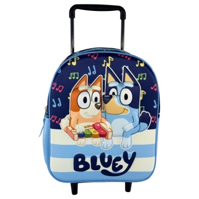 Mala de viagem infantil azul com ilustração de dois cães e notas musicais.