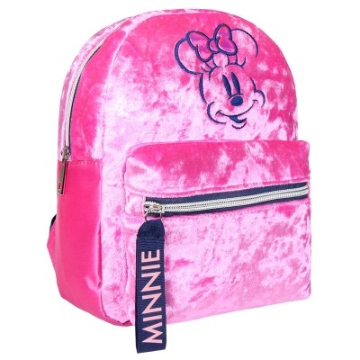 Mochila rosa de veludo com rosto da Minnie e fecho de correr