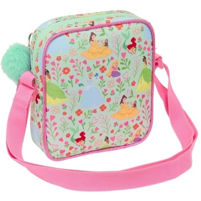 Saco infantil com estampa de princesas, correia rosa e pompom verde